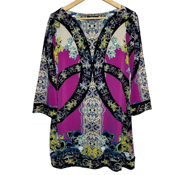 Style&Co Shift Dress Boat neckline Bell Sleeve Stretch  Sz  Small Floral Disco - Picture 1 of 16